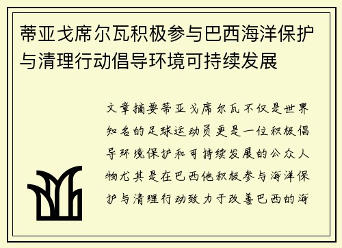蒂亚戈席尔瓦积极参与巴西海洋保护与清理行动倡导环境可持续发展