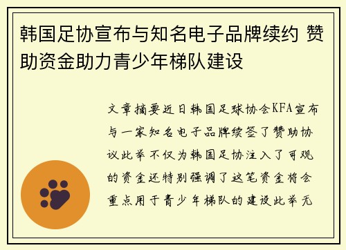 韩国足协宣布与知名电子品牌续约 赞助资金助力青少年梯队建设